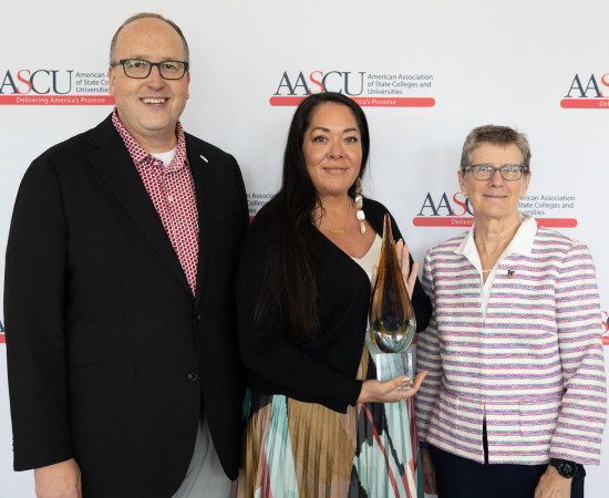 2024 DAA recipient Abigail Echo-Hawk with Chancellor Kristen Esterberg of University of Washington Bothell and AASCU President Chuck Welch.