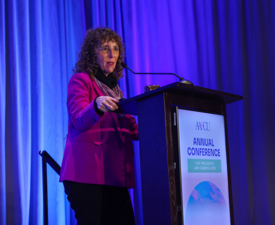 New AASCU Board of Directors chair Ora H. Pescovitz addresses members at the 2025 Annual Conference.