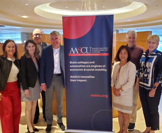 Members of the 2025 Council of State Representatives meet at the AASCU office.