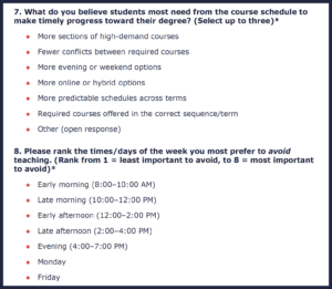 Survey questions to gather faculty input on course scheduling improvements.