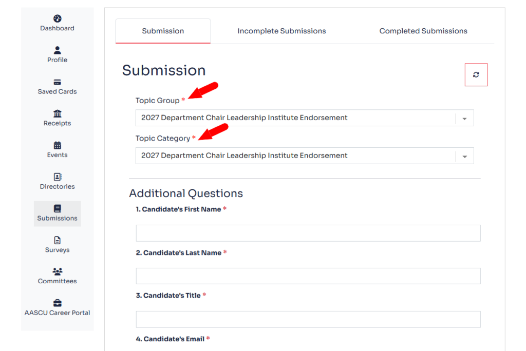 Screenshot indicates where the dropdowns are on the DCLI application endorsement